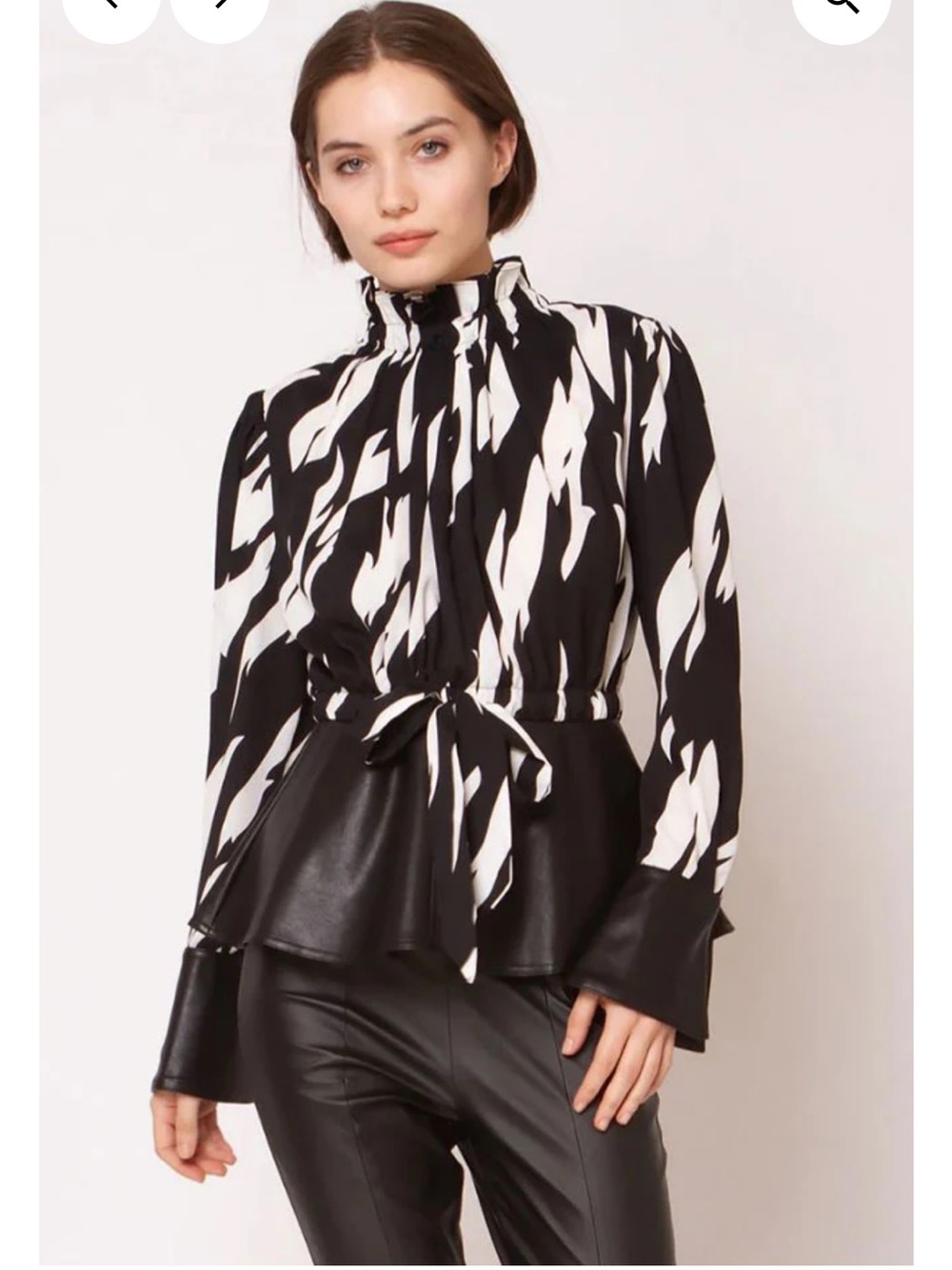 Gracia Black and White Abstract Tie-Waist Peplum Blouse - Picture 1 of 8
